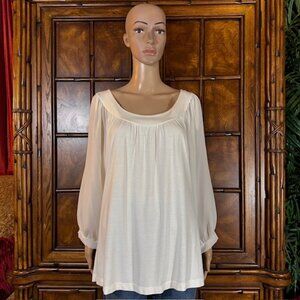 Anne Klein Ivory Knit Semi Sheer Chiffon Blouson Sleeve Top